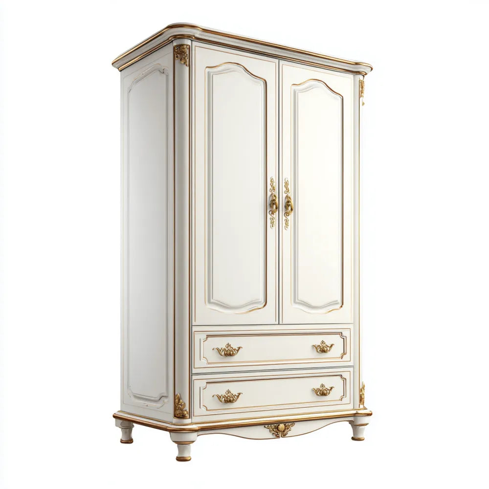 Wardrobe Wooden 2-Door 2-Drawer 100x60x200 cm White/Gold - Classic Design