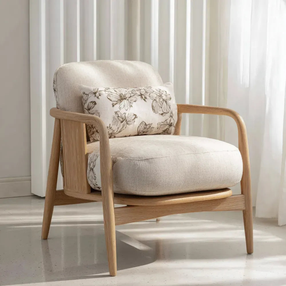 Wooden Frame Armchair – Fabric Upholstery – 75x70x80 cm – Beige – Modern Style
