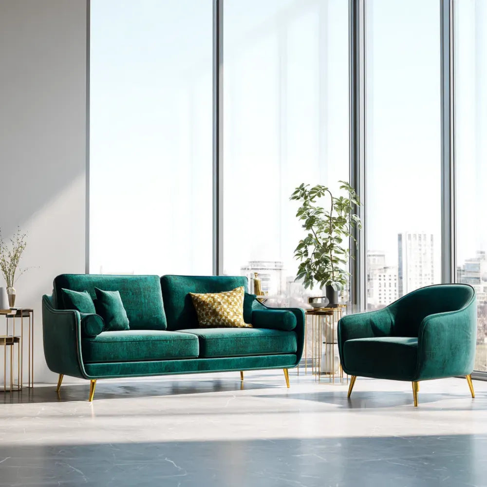Sofa Set Velvet Upholstery 200x85x90 cm – Emerald Green – Contemporary Design