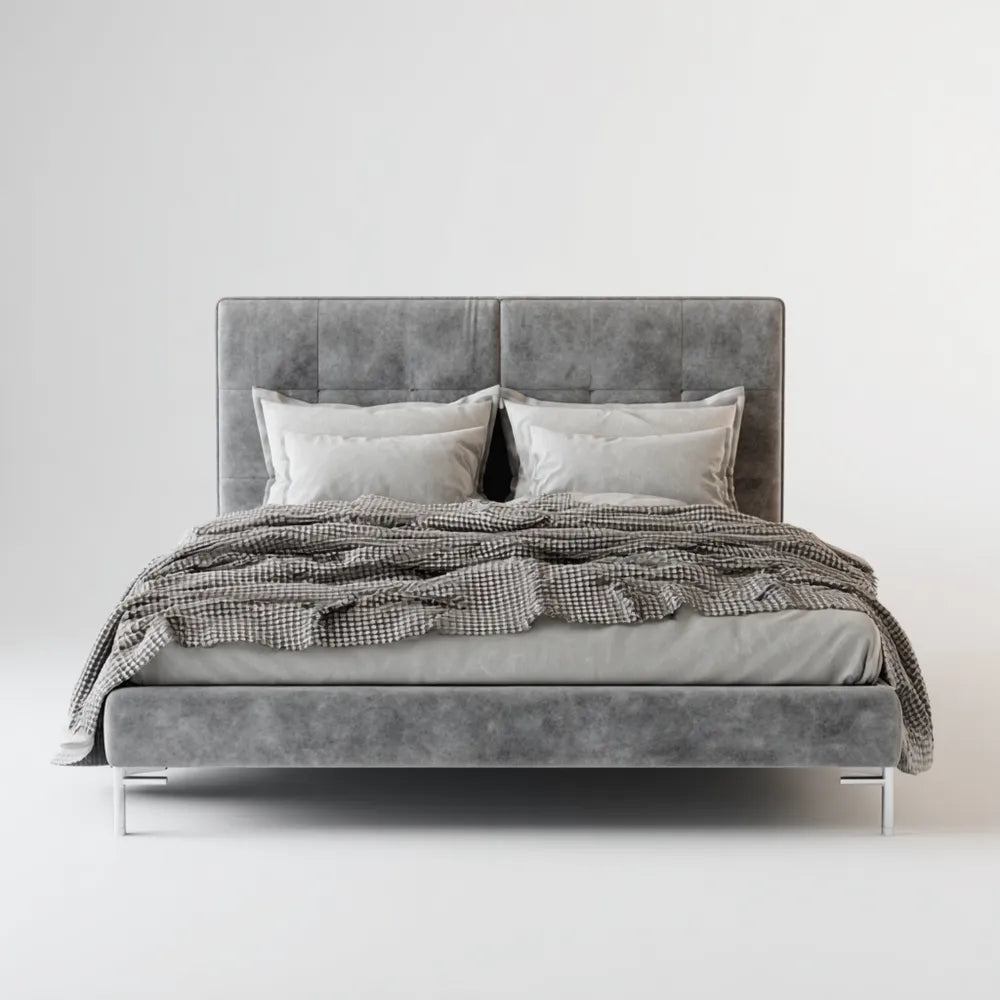 Double Bed Upholstered Velvet 140x200x100 cm - Grey - Modern Style
