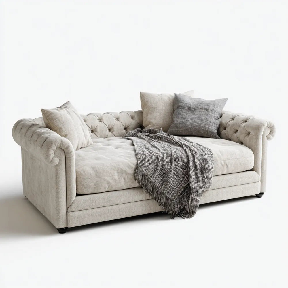 Chesterfield Fabric Sofa 200x90x75 cm – Beige – Classic Style